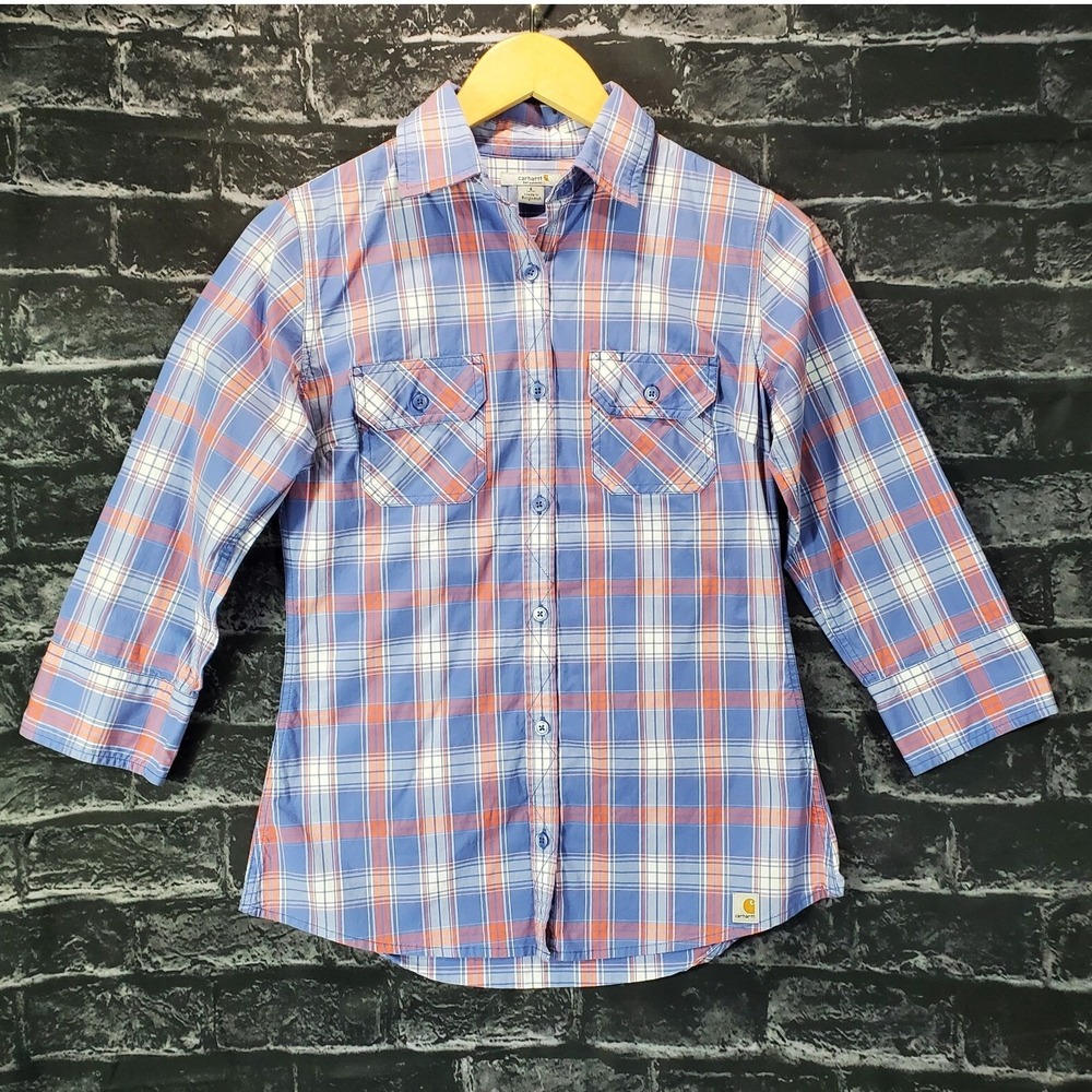 Carhartt Plaid Button Down Women Small Blue Orange Roll Tab Sleeve Work Shirt‎